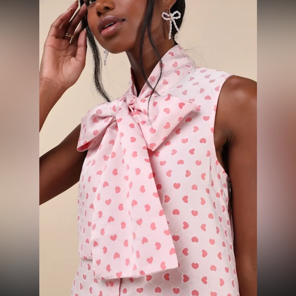 Sister Jane Canter Pink Heart Jacquard Tie Neck Button Front Bow Mini Dress - Picture 2 of 5